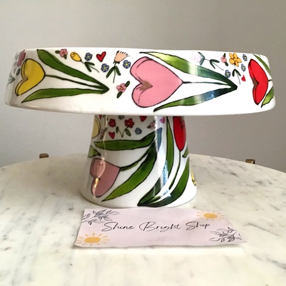 Anthropologie Mud Fairy Blooming Hearts Cake Stand Glazed Stoneware Floral NWT - Picture 8 of 11